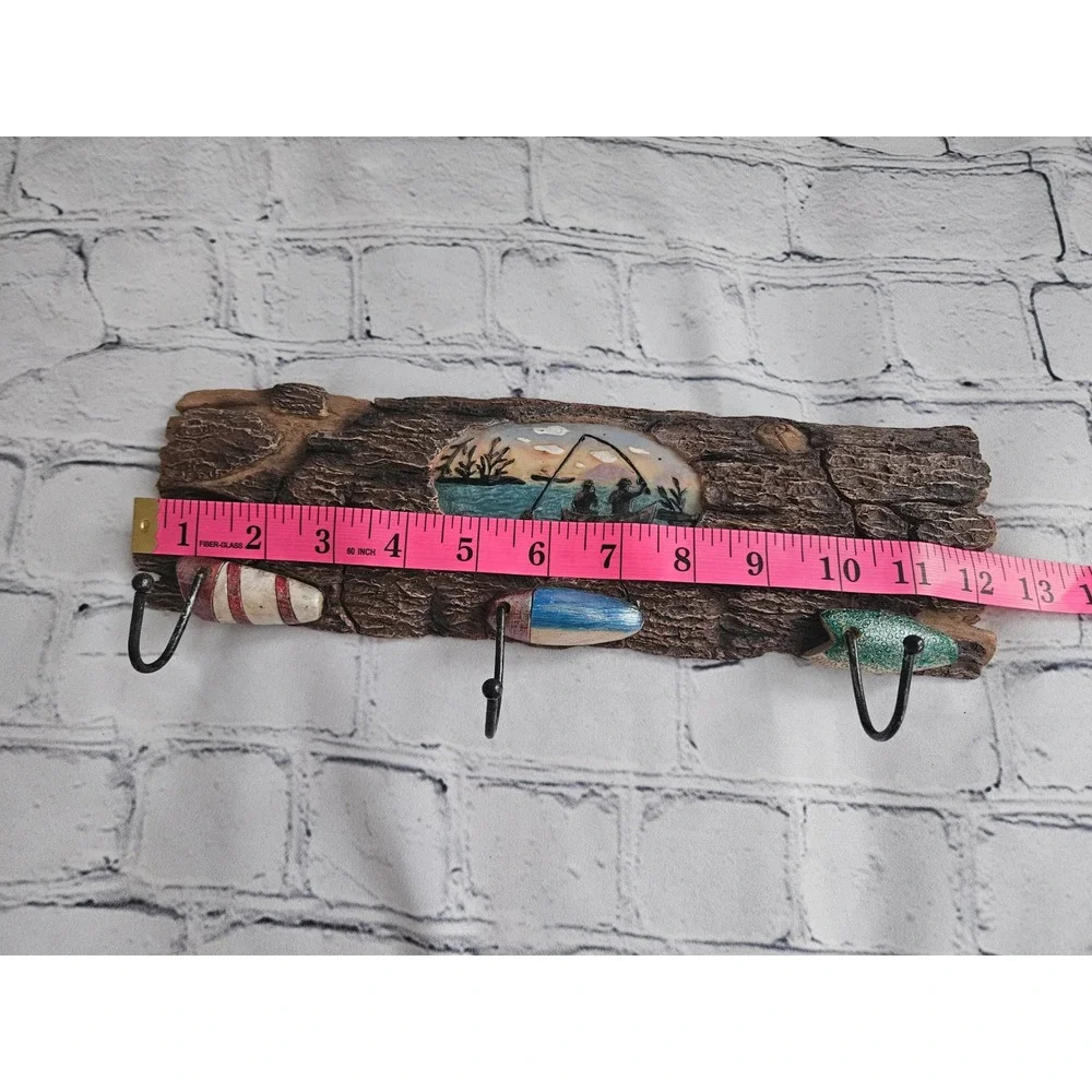 Rustic Fishing Wall Hook Rack Cabin Decor - 3 Hooks Log Look & Bobbers